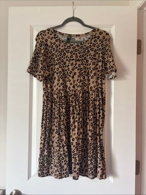 Leopard Print Short Sleeve Swing Dress - Tan/Black